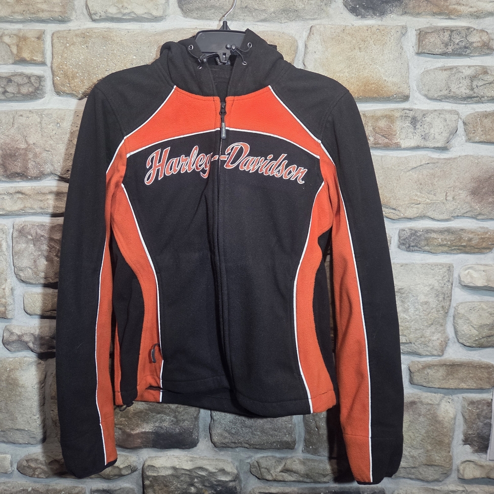 ​HARLEY-DAVIDSON Fleece Jacket Full Zip Hoodie Riding Gear Women' M Black Orange